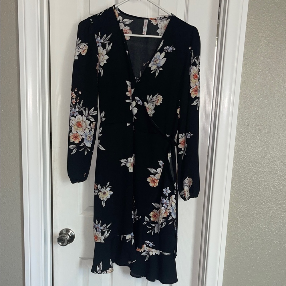 Xhilaration Black Floral Wrap Dress with Long Sleeves